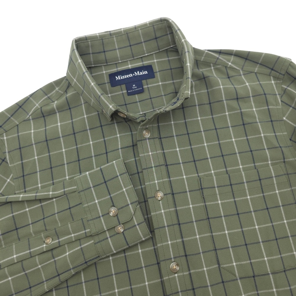 Mizzen+Main Men M Trim Green Plaid Performance Button City Flannel Long Sleeve